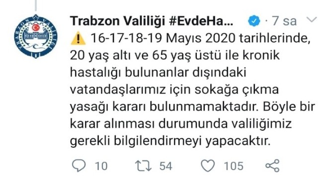 Trabzon’da bu hafta sonu sokağa çıkma yasağı uygulanmayacak