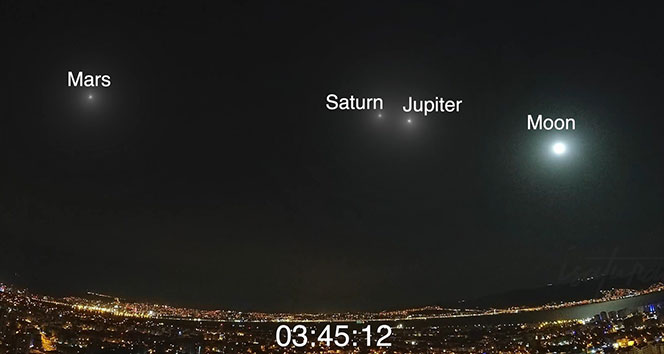 Ay, Jüpiter, Satürn ve Mars&#039;ın muhteşem görüntüsü