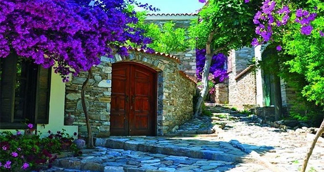 Doğanbey, taş evleri saran çiçekleri ile ayrı bir güzelliğe büründü