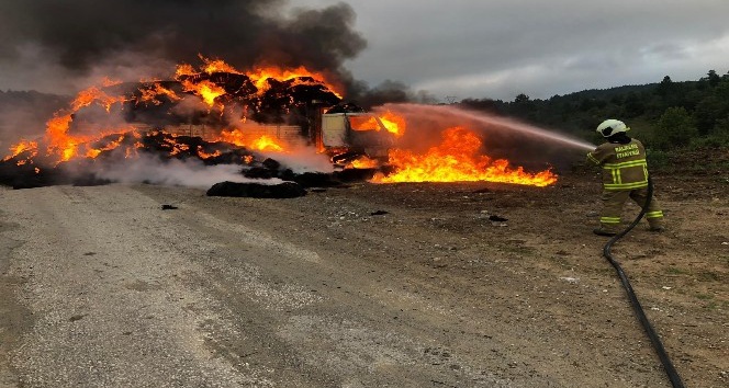 Balıkesir’de saman yüklü kamyon yangında kül oldu