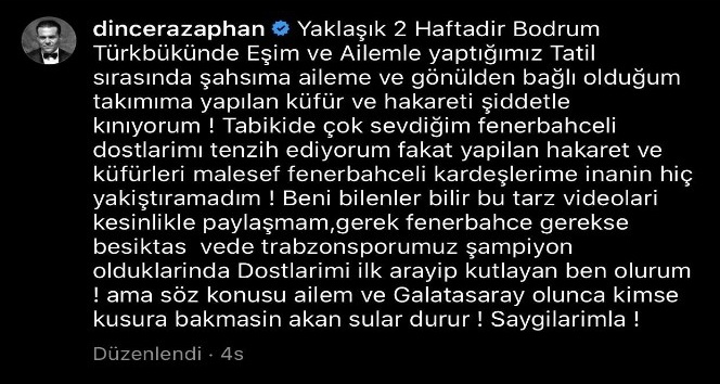 Dinçer Azaphan: "Şahsıma, aileme ve takımıma yapılan küfür ve hakareti şiddetle kınıyorum!"