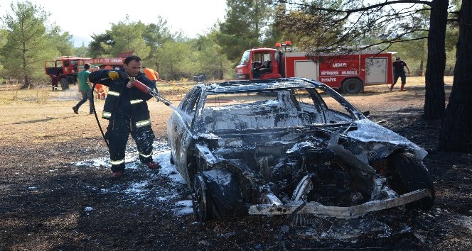 Lüks otomobil ormanlık alanda alev alev yandı