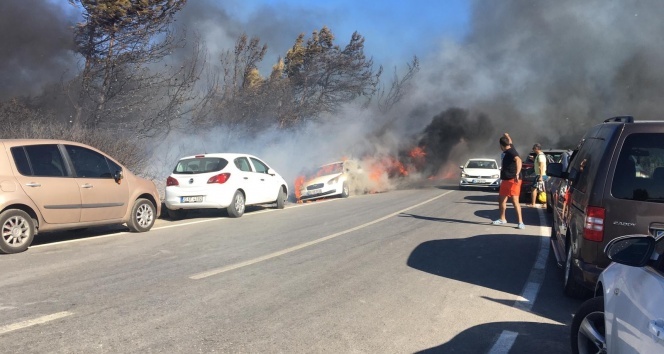 İzmir&#039;de yangın dehşeti: Otluk alanda çıkan yangında onlarca araç alev alev yandı