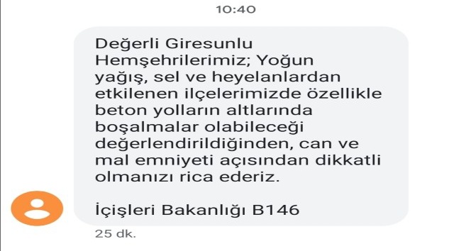 İçişleri Bakanlığından SMS ile Giresun’da tehlike uyarısı