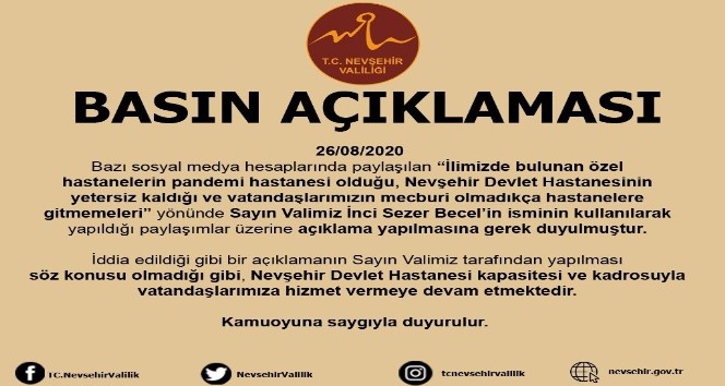 Nevşehir Valiliği sosyal medyada yayılan paylaşımları yalanladı
