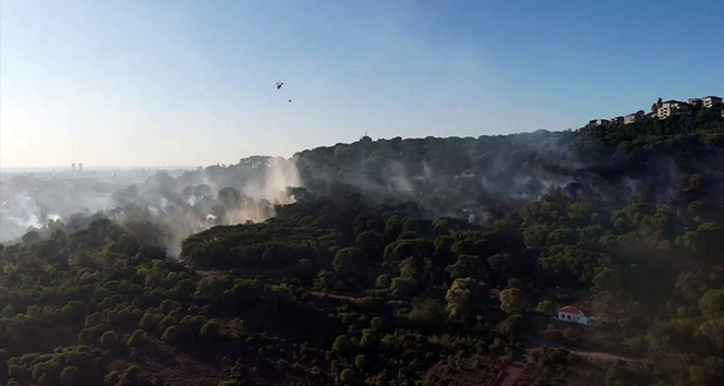 Maltepe’de ormanlık alanda çıkan yangın drone ile havadan görüntülendi