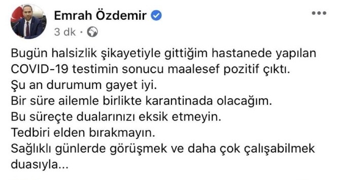 Niğde Belediye Başkanı Emrah Özdemir korona virüse yakalandı
