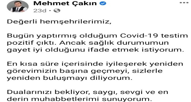 Uşak Belediye Başkanı Mehmet Çakın’ın korona testi pozitif çıktı