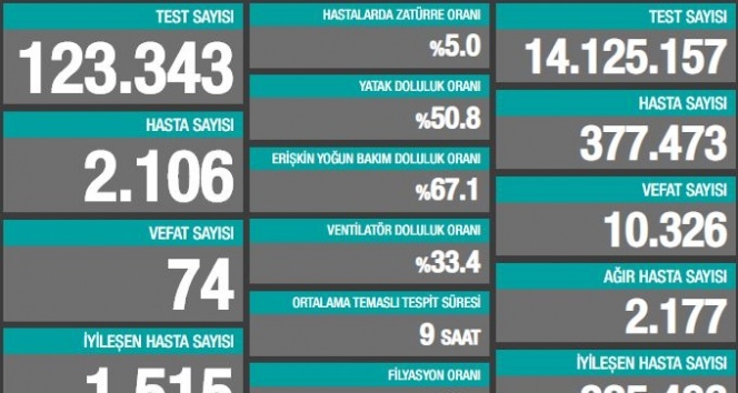 Türkiye’de son 24 saatte 2106 kişiye Kovid-19 hastalık tanısı konuldu, 74 kişi hayatını kaybetti