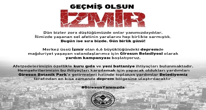Giresun Belediyesi, İzmir için yardım kampanyası başlattı