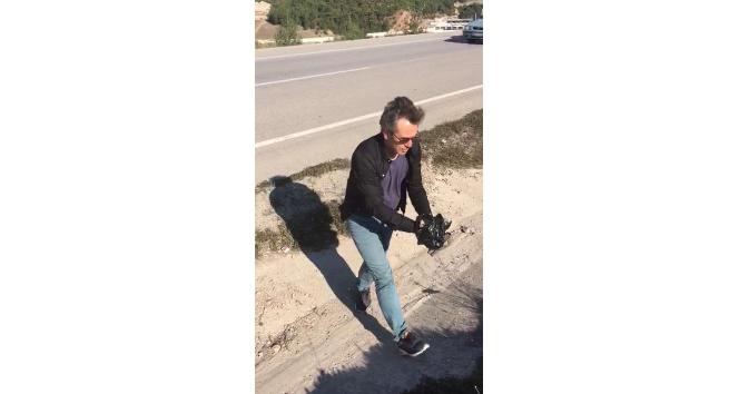 Karayoluna çıkan kaplumbağanın imdadına duyarlı vatandaş yetişti