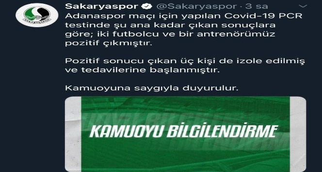Sakaryaspor’da iki futbolcu ve bir antrenörün test sonucu pozitif çıktı