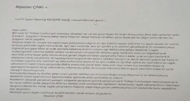 Covid-19 tedavisi gören öğretmenden sağlık çalışanlarına duygu dolu mektup