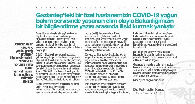 Bakan Koca’dan Gaziantep’te hastanedeki patlamayla ilgili açıklama
