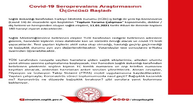 Sinop’ta 160 haneye korona virüsü taraması yapılacak
