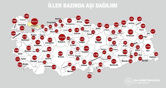 Bakan Koca: &quot;1 milyon 200 binden fazla kişi şu ana kadar aşı oldu. Türkiye’de iller bazında aşı dağılımını görebilirsiniz. Pazartesi gününden itibaren bunu canlı olarak takip edebileceksiniz. En çok sağlık çalışanımızın bulunduğu İstanbul’da 224 bind