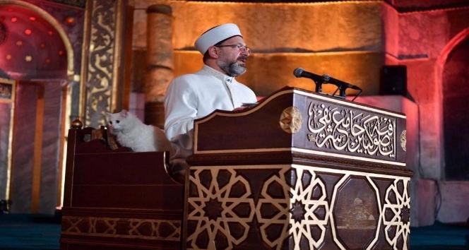 Ankara kedisi ’Kılıç’ Ayasofya’da kandil gecesi ilgi odağı haline geldi