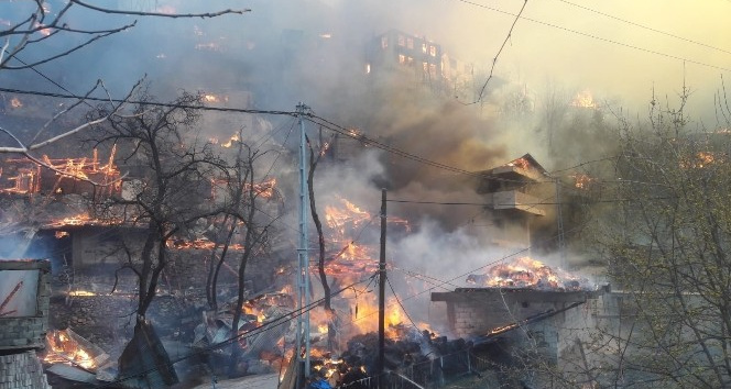 Artvin’in Yusufeli ilçesi Dereiçi köyünde yangın sürüyor