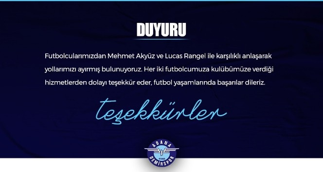 Adana Demirspor’da, Mehmet Akyüz ve Lucas Rangel ile yollar ayrıldı
