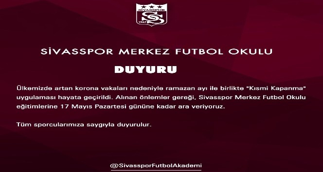 Sivasspor futbol okulu eğitimine ara verdi!