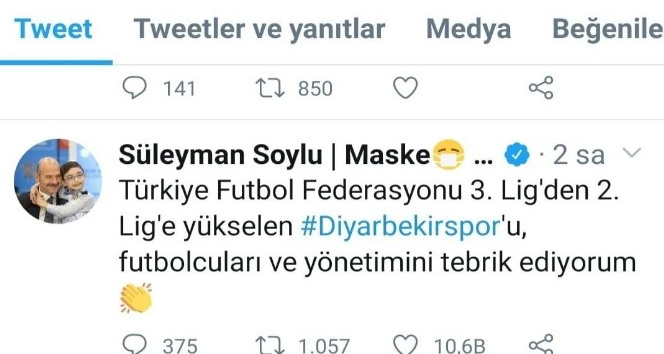 Bakan Soylu şampiyon Diyarbekirspor’u tebrik etti