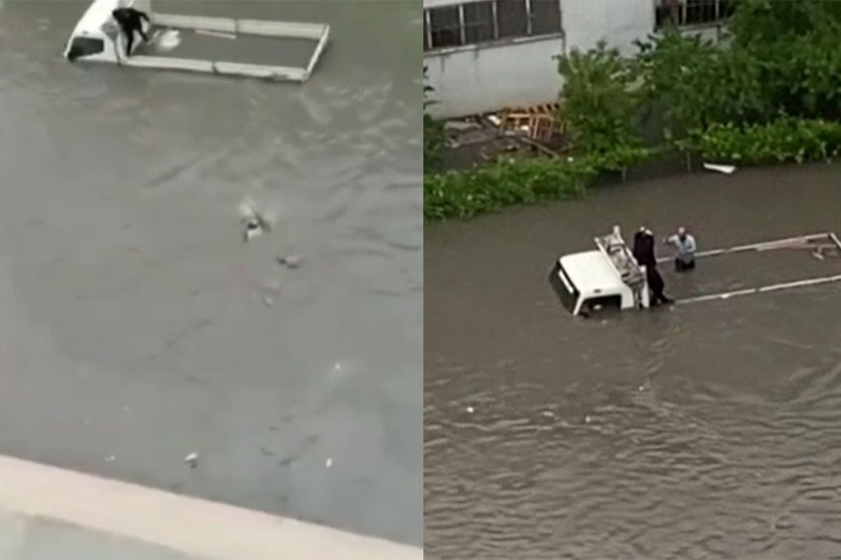 Yağmur sonrası araçta mahsur kalan vatandaşı, halat yardımıyla yüzerek kurtardı