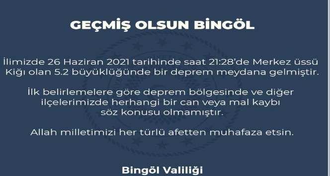 Bingöl Valiliğinden  deprem açıklaması: “Herhangi bir can veya mal kaybı söz konusu olmamıştır”