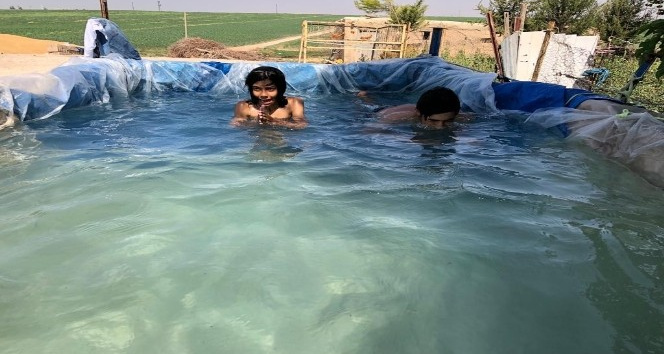 Mardin’de köy çocukları brandadan yapılan havuzda serinliyor