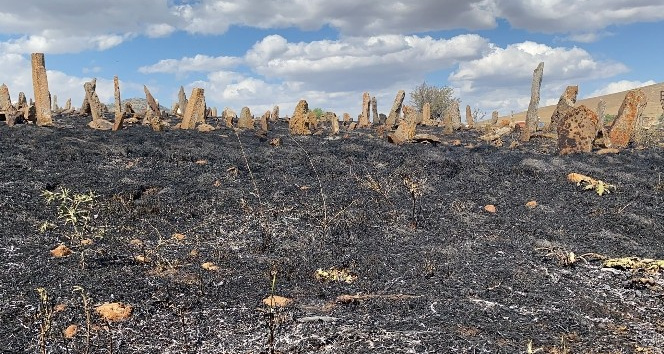 Köy mezarlığı alev alev yandı