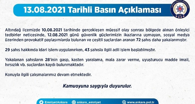 Ankara Emniyet Müdürlüğü: "Altındağ’daki olayla ilgili sosyal medya üzerinden provokatif paylaşımlarda bulunan ve çeşitli suçlardan arana 72 şahıs daha yakalanmıştır"