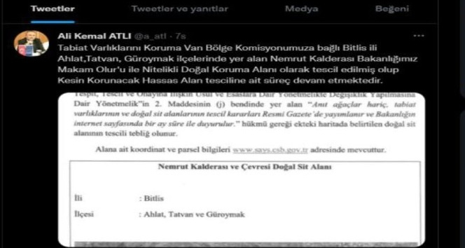Nemrut Kalderası Nitelikli Doğal Koruma Alanı olarak tescillendi