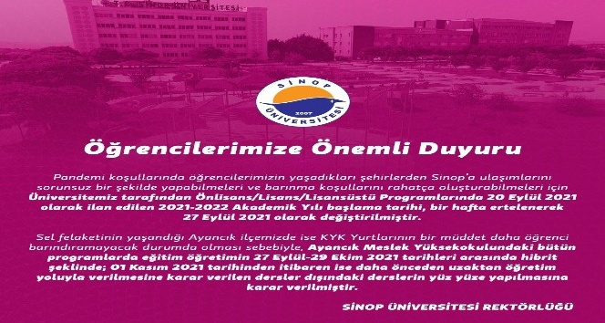 Sinop Üniversitesi’nde yüz yüze eğitim ertelendi