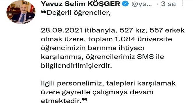 İzmir Valisi Köşger: “Bin 84 üniversite öğrencisinin barınma ihtiyacı karşılandı”