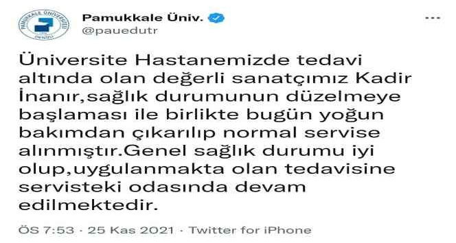 Yoğun bakımdan çıkan Kadir İnanır’ın tedavisi devam ediyor