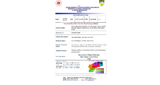Tunceli’de fırtına uyarısı