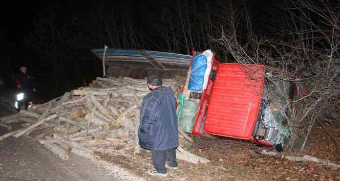 Odun yüklü kamyonet devrildi: 1 yaralı