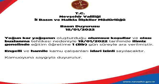 Nevşehir’de eğitime 1 gün ara verildi