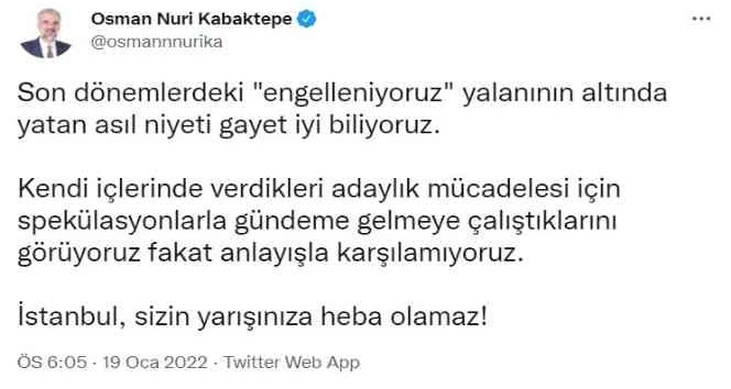 AK Parti İl Başkanı Kabaktepe’den İmamoğlu’na cevap: &quot;En iyi bildiği iş engelleniyoruz bahanesi&quot;