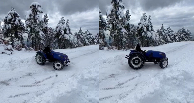 Kar sevincini traktörü ile Drift yaparak yaşadı