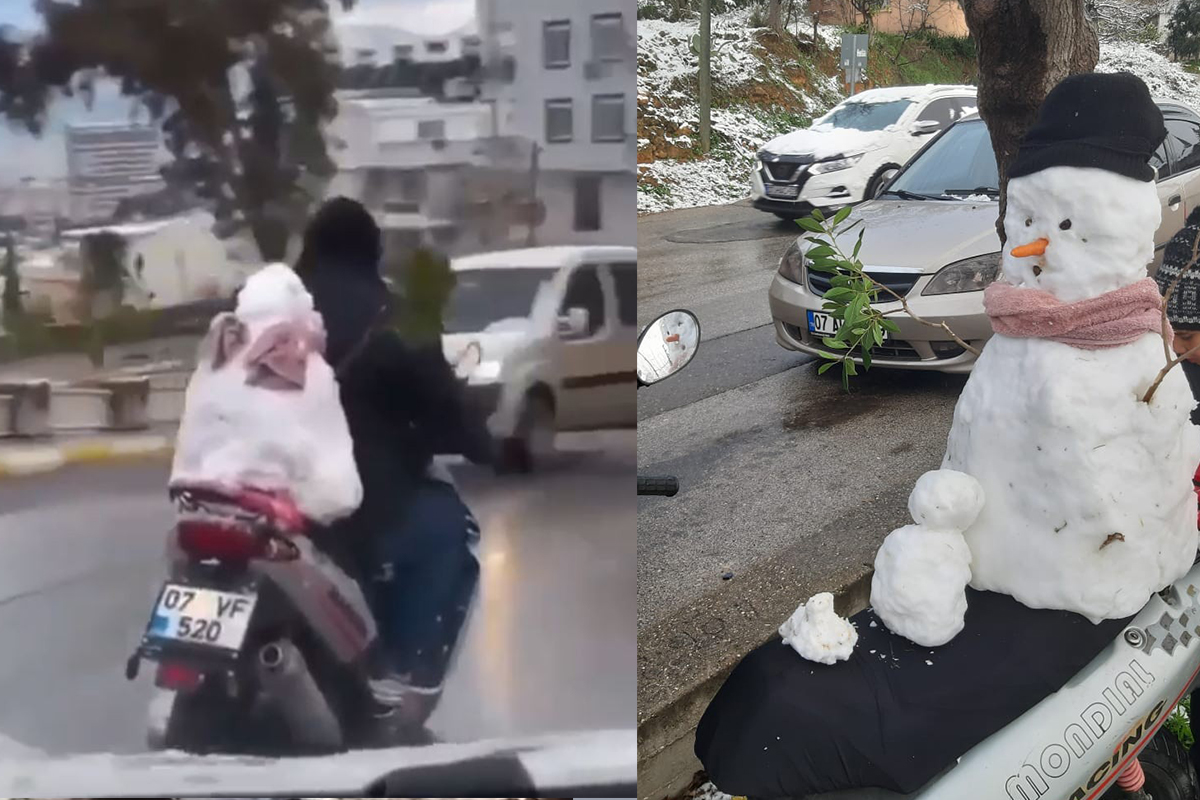 Antalya'da motosikletin arkasındaki kardan adam ile şehir turu attı