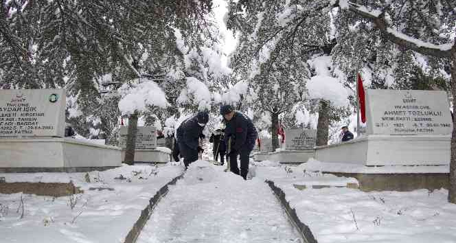 Jandarma personeli Şehitlikte kar temizliği yaptı