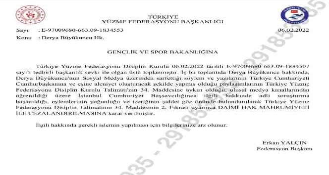 Türkiye Yüzme Federasyonu’ndan, Derya Büyükuncu’ya daimi hak mahrumiyeti