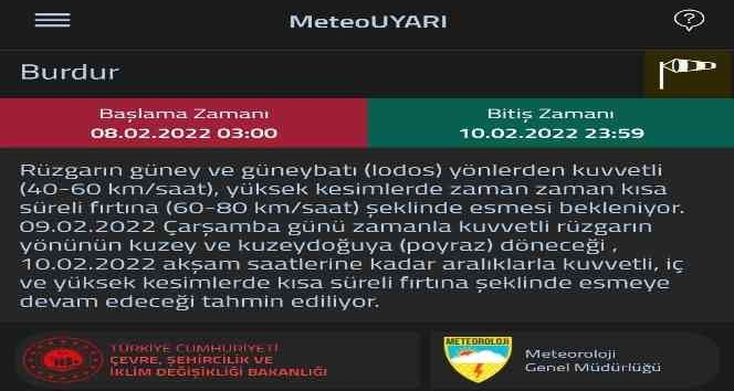 Meteoroloji Burdur için sarı uyarı ile fırtına beklendiğini açıkladı