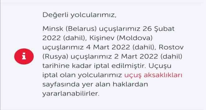 THY’nin Rostov, Minsk ve Kişinev seferleri iptal edildi