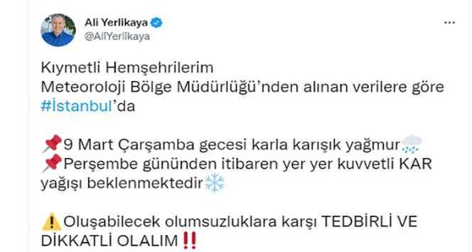 İstanbul Valisi Ali Yerlikaya’dan kar yağışı uyarısı