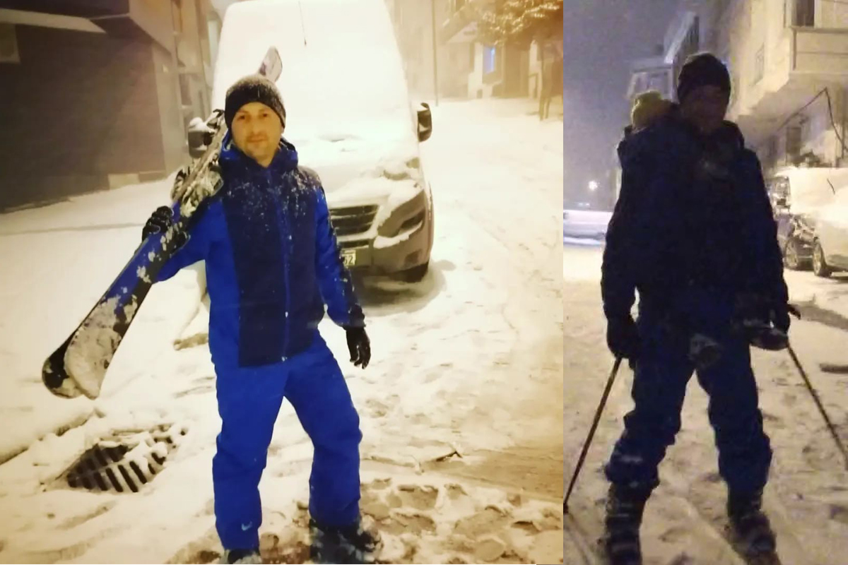 Karla kaplı İstanbul sokaklarında oğlunu sırtına alarak kayak yaptı