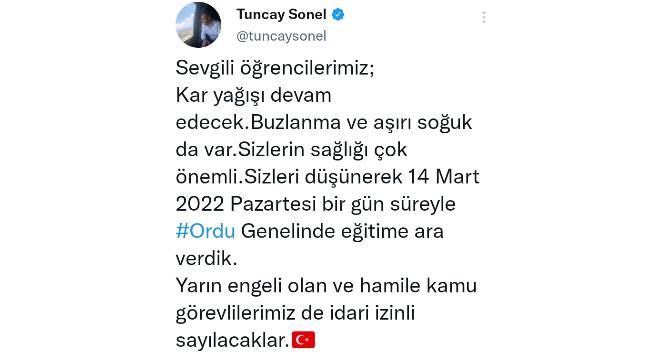 Vali Sonel duyurdu: Ordu genelinde eğitime bir gün ara verildi