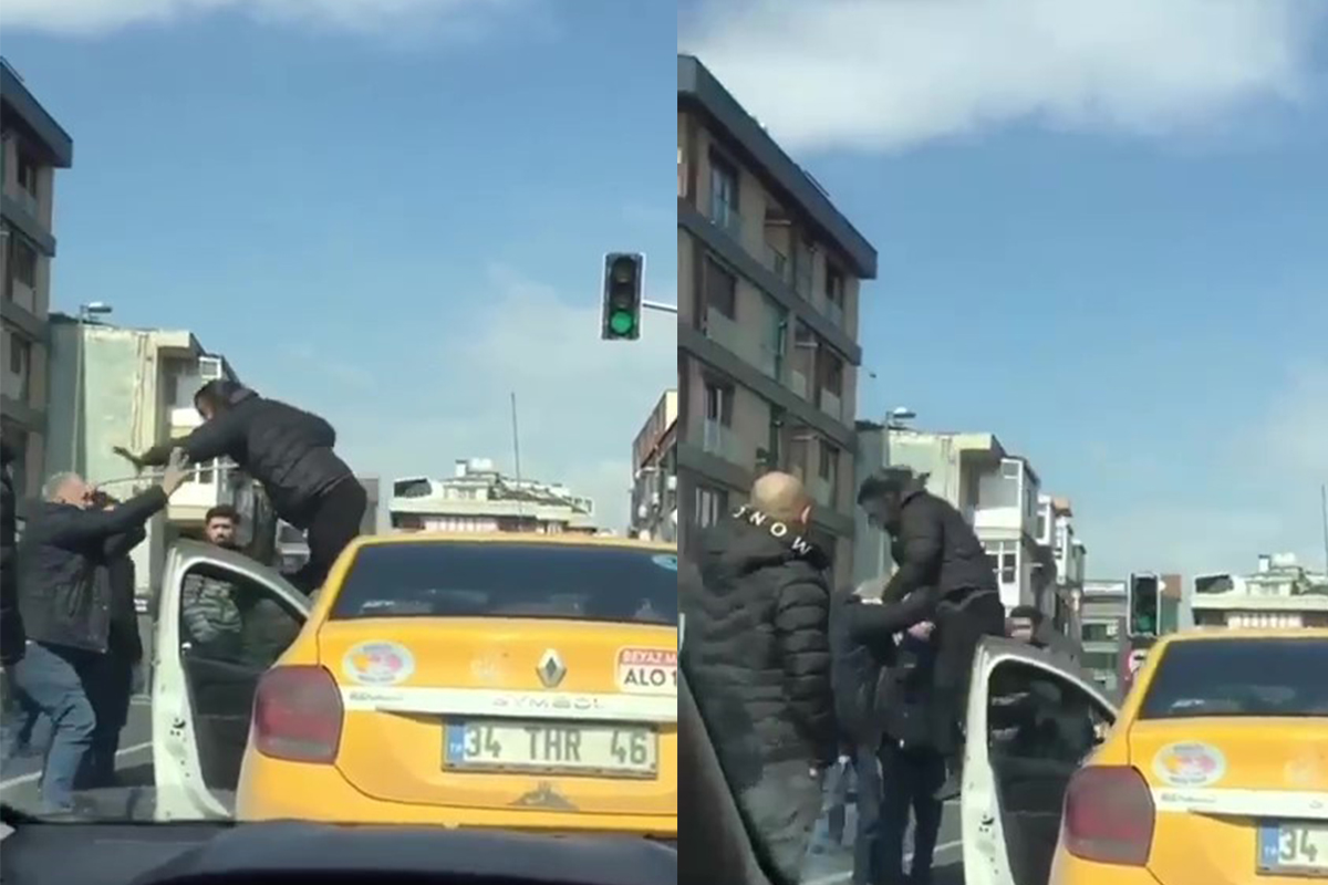 Kadıköy'de yol verme kavgasında taksi şoförüne uçan tekmeyle saldırı kamerada