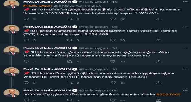 ÖSYM Başkanı Aygün: "2022 YKS’ye başvuran toplam aday sayısı 3 milyon 243 bin 425"