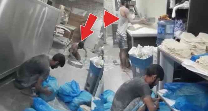 Fırında skandal görüntü: Yere dökülen unları kürekle toplayıp lavaş yaptı